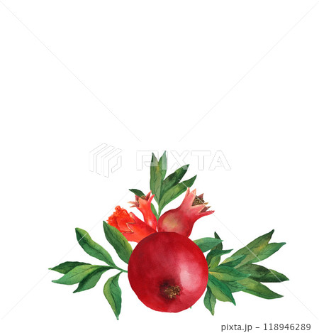 Triangular composition of whole pomegranates with leaves. Watercolor illustration isolated on white background. For menu, card, wrapping, design Triangular composition of whole pomegranates with leaves. Watercolor illustration isolated on white background. For menu, card, wrapping, design 118946289