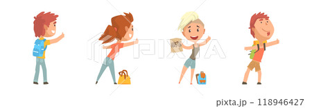 People Character Hitchhiking Standing with Backpack Catch Car Vector Set 118946427