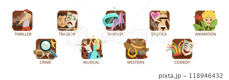 Cinema Genre and Entertainment Movie Symbol and Picture Vector Set Cinema Genre and Entertainment Movie Symbol and Picture Vector Set 118946432