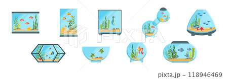 Fish Bowl and Aquarium with Sand Bottom and Water Vector Set Fish Bowl and Aquarium with Sand Bottom and Water Vector Set 118946469