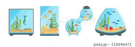 Fish Bowl and Aquarium with Sand Bottom and Water Vector Set 118946471