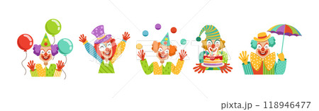 Funny Clown Character with Friendly Colorful Face Vector Set 118946477