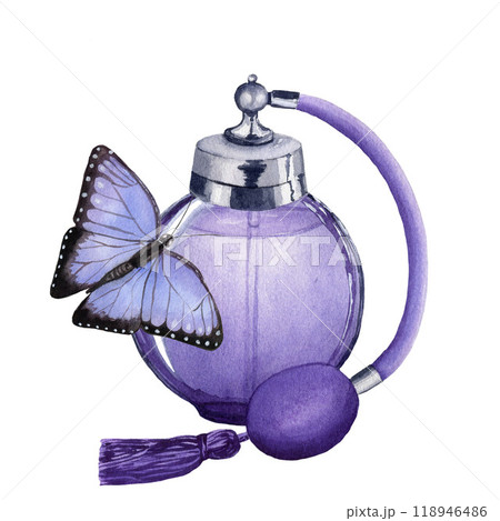 Vintage lilac perfume bottle with lilac butterfly. Watercolor hand drawn illustration isolated on white background. For design, poster, card, postcard Vintage lilac perfume bottle with lilac butterfly. Watercolor hand drawn illustration isolated on white background. For design, poster, card, postcard 118946486