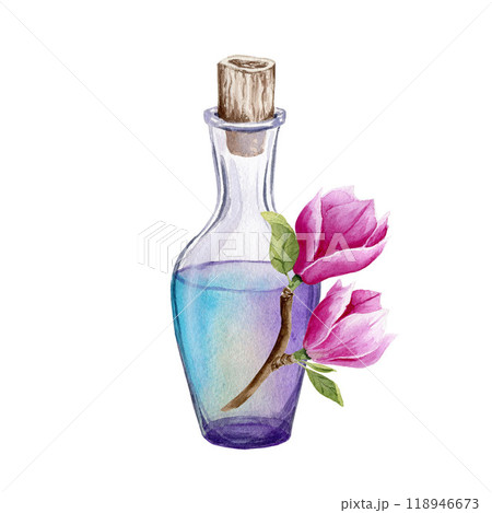Vintage lilac perfume bottle with pink magnolia branch. Watercolor illustration isolated on white background. For design, posters, cards, postcards Vintage lilac perfume bottle with pink magnolia branch. Watercolor illustration isolated on white background. For design, posters, cards, postcards 118946673