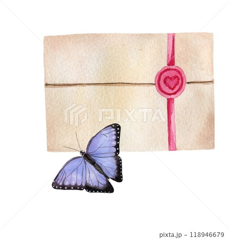 Vintage envelope with lilac butterfly. Watercolor hand drawn illustration isolated on white background. For design, posters, cards, postcards, flyers 118946679