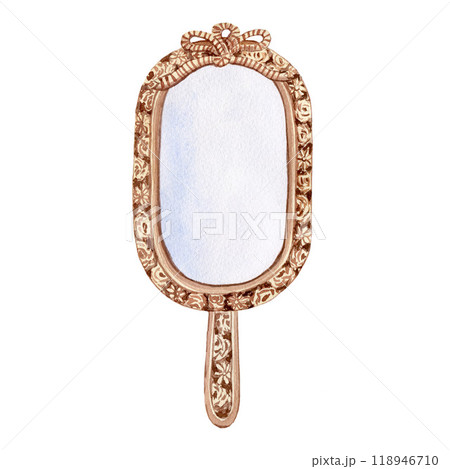 Vintage antique classic oval gold hand mirror with ornate pattern isolated on white background. For design, cards, postcards, stickers, flyers Vintage antique classic oval gold hand mirror with ornate pattern isolated on white background. For design, cards, postcards, stickers, flyers 118946710
