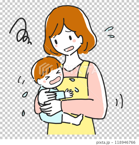 Illustration of a mother holding a crying baby 118946766