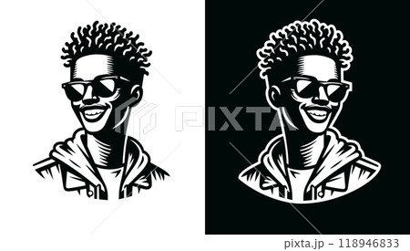 A trendy young African American man. Black and white vector icon. A teenage boy wearing a hoodie and sunglasses. A beaming smile. He looks fun and cool. AI-generated A trendy young African American man. Black and white vector icon. A teenage boy wearing a hoodie and sunglasses. A beaming smile. He looks fun and cool. AI-generated 118946833