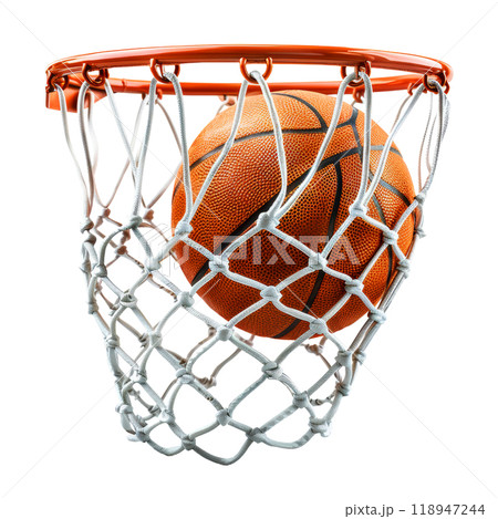 Basketball falling into the net on a hoop isolated on white background with clipping path. object clip art and element 118947244