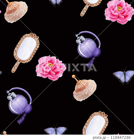 Seamless pattern with vintage perfume bottles, butterfly, powder puff, peony, mirror. Watercolor illustration on black background for textile, fabric Seamless pattern with vintage perfume bottles, butterfly, powder puff, peony, mirror. Watercolor illustration on black background for textile, fabric 118947286