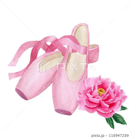 Pink pointe shoes with pink peony flower and green leaves. Watercolor hand drawn illustration isolated on white background. For design, card, postcard Pink pointe shoes with pink peony flower and green leaves. Watercolor hand drawn illustration isolated on white background. For design, card, postcard 118947289