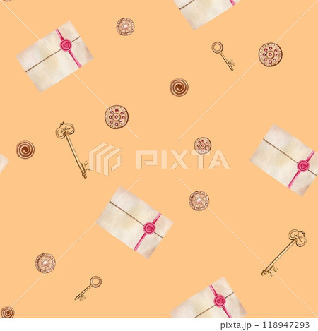 Seamless pattern with vintage keys, envelopes and buttons. Watercolor illustration on orange background for textile, fabric, print, packaging, design 118947293