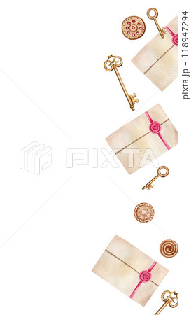 Square postcard with vintage keys, envelopes and buttons. Watercolor illustration isolated on white background. For menu, card, sticker, wrapping 118947294