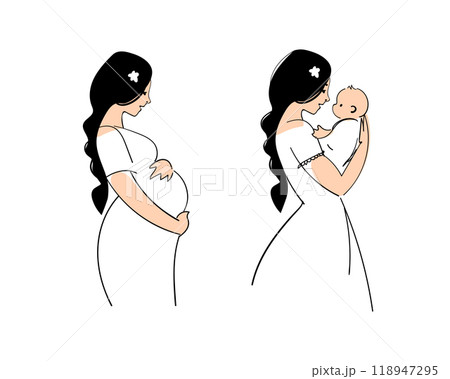 Pregnant woman card, mother with child, motherhood illustration set. Hand drawn line illustration for mother s day. Vector isolated on white background. Pregnant woman card, mother with child, motherhood illustration set. Hand drawn line illustration for mother s day. Vector isolated on white background. 118947295