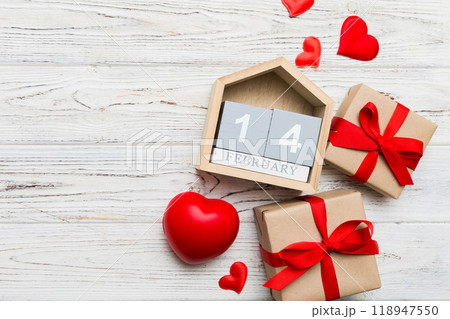 Valentine Day theme with wooden block calendar. Greeting card template for Valentines Day copy space for text 118947550