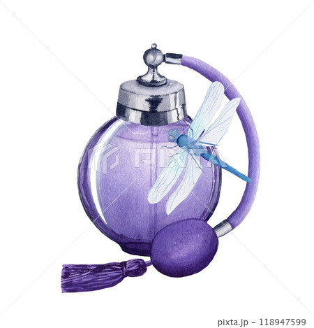 Vintage lilac perfume bottle with blue dragonfly. Watercolor hand drawn illustration isolated on white background. For design, poster, card, postcard 118947599