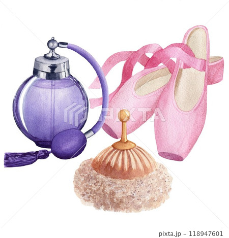 Vintage lilac perfume bottle with beige powder puff and pink pointe shoes. Watercolor illustration isolated on white background. For design, cards 118947601
