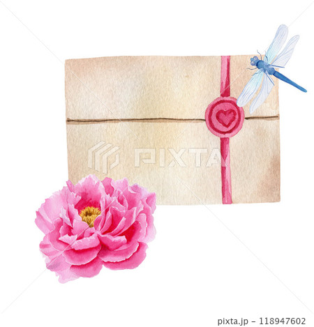 Vintage envelope with pink peony and blue dragonfly. Watercolor hand drawn illustration isolated on white background. For design, cards, postcards 118947602