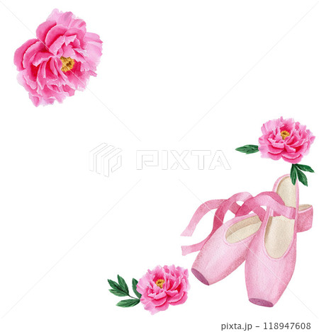 Square card with pink pointe shoes and peony. Watercolor hand drawn illustration isolated on white background. For design, posters, cards, postcards 118947608