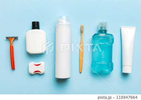 Mockup for bathing products top view flat lay, spa razor, toothpaste, soap, gel and other various accessories. Cosmetics for skin health. Bath Mockup for your logo Mockup for bathing products top view flat lay, spa razor, toothpaste, soap, gel and other various accessories. Cosmetics for skin health. Bath Mockup for your logo 118947664