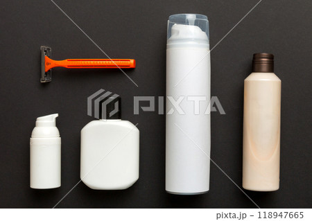 shaving man set. shaving machine, towel, lotion and shaving foam on colored background. Men bath Accessories top view shaving man set. shaving machine, towel, lotion and shaving foam on colored background. Men bath Accessories top view 118947665