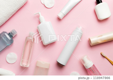 Mockup for bathing products top view flat lay, spa razor, toothpaste, soap, gel and other various accessories. Cosmetics for skin health. Bath Mockup for your logo Mockup for bathing products top view flat lay, spa razor, toothpaste, soap, gel and other various accessories. Cosmetics for skin health. Bath Mockup for your logo 118947866
