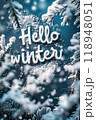 Snow-covered branches frame winter greeting with phrase Hello winter, blue background Generative AI 118948051