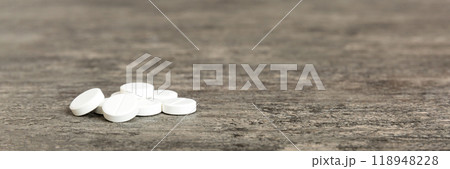 Collection Of Various Medical Tablets And Pills. Assorted pharmaceutical medicine pills, tablets and capsules on table background. Heap of assorted various medicine tablets. Health care 118948228