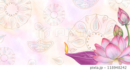 Oil Diya Lamp with burning yellow flame, pink lotus flowers, geometric rangoli on watercolor splashes and strokes. Traditional Happy Diwali festival illustration with empty space for text Oil Diya Lamp with burning yellow flame, pink lotus flowers, geometric rangoli on watercolor splashes and strokes. Traditional Happy Diwali festival illustration with empty space for text 118948242