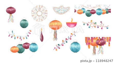 Asian traditional holiday accessories watercolor festive hand painting illustration clip art. Colorful oil Diya candles, paper lanterns with vibrant streamers, lamp garland. Diwali, festival of lights 118948247
