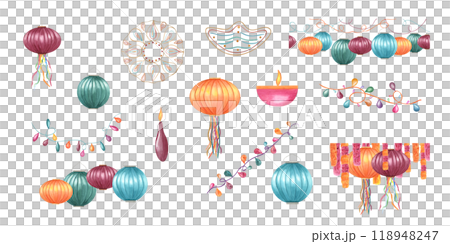 Asian traditional holiday accessories watercolor festive hand painting illustration clip art. Colorful oil Diya candles, paper lanterns with vibrant streamers, lamp garland. Diwali, festival of lights 118948247