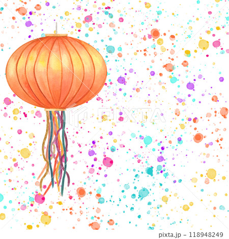 Hanging Diwali lantern watercolor colored splashes illustration. Festive orange paper lamp with multicolor streamers. Light festival of India or China. For holiday decorations and cultural events Hanging Diwali lantern watercolor colored splashes illustration. Festive orange paper lamp with multicolor streamers. Light festival of India or China. For holiday decorations and cultural events 118948249