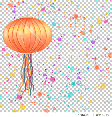 Hanging Diwali lantern watercolor colored splashes illustration. Festive orange paper lamp with multicolor streamers. Light festival of India or China. For holiday decorations and cultural events Hanging Diwali lantern watercolor colored splashes illustration. Festive orange paper lamp with multicolor streamers. Light festival of India or China. For holiday decorations and cultural events 118948249