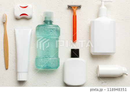 Mockup for bathing products top view flat lay, spa razor, toothpaste, soap, gel and other various accessories. Cosmetics for skin health. Bath Mockup for your logo Mockup for bathing products top view flat lay, spa razor, toothpaste, soap, gel and other various accessories. Cosmetics for skin health. Bath Mockup for your logo 118948351
