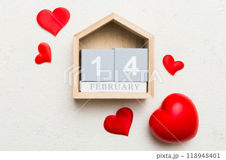 Valentine Day theme with wooden block calendar. Greeting card template for Valentines Day copy space for text 118948401