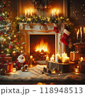 暖炉の前におかれたサンタクロースのクリスマスのプレゼント 118948513
