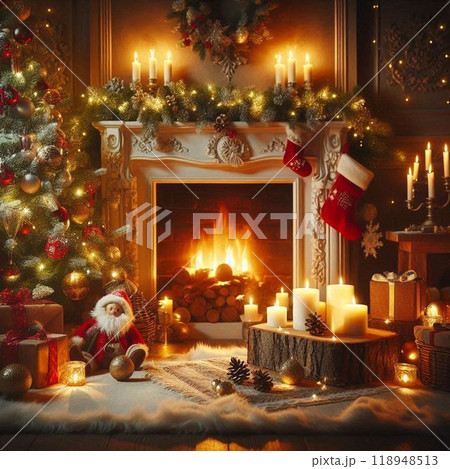 暖炉の前におかれたサンタクロースのクリスマスのプレゼント 118948513