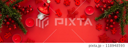 Red Christmas background with fir branches Red Christmas background with fir branches 118948593