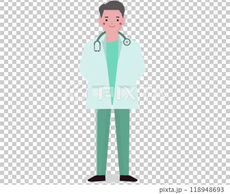 一位滿頭白髮的老醫生。一位穿著白大褂的醫生自信地站著。向量圖 118948693