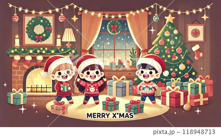 【16:9版】子供たち3人でクリスマスパーティー　X'mas　メリークリスマス　ホームパーティー 118948713
