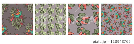 Set of 4 Seamless patterns with cute inky bird and flowers motifs 118948763