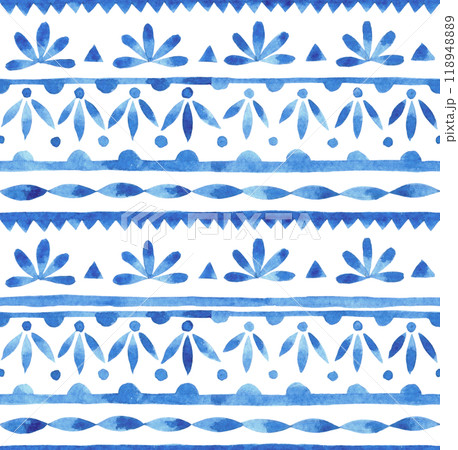 watercolor seamless pattern with blue horizontal damask ornaments. hand drawing 118948889