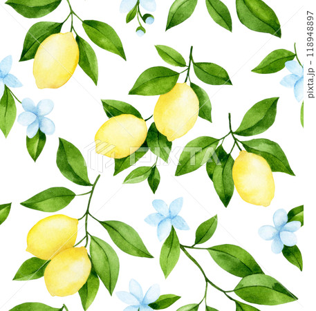 watercolor seamless pattern with cute lemons. branches, flowers and ripe lemon fruits on a white background 118948897
