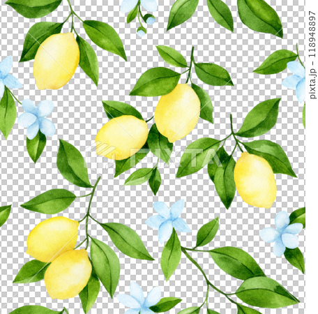 watercolor seamless pattern with cute lemons. branches, flowers and ripe lemon fruits on a white background 118948897