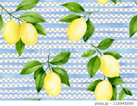 watercolor seamless pattern with yellow lemons on a blue background with stripes. simple print watercolor seamless pattern with yellow lemons on a blue background with stripes. simple print 118948898