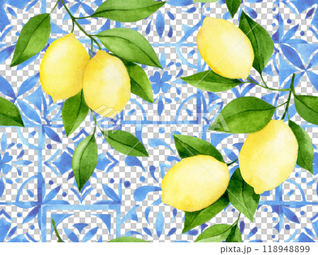 watercolor seamless pattern with blue damask tiles and ripe lemons. watercolor seamless pattern with blue damask tiles and ripe lemons. 118948899