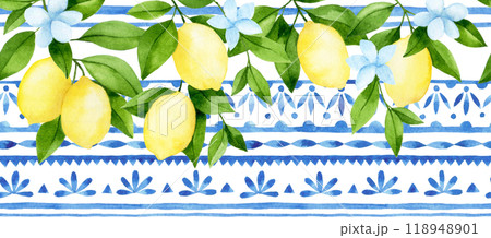 watercolor seamless border with blue damask tiles and ripe lemons watercolor seamless border with blue damask tiles and ripe lemons 118948901