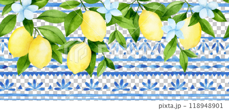 watercolor seamless border with blue damask tiles and ripe lemons watercolor seamless border with blue damask tiles and ripe lemons 118948901