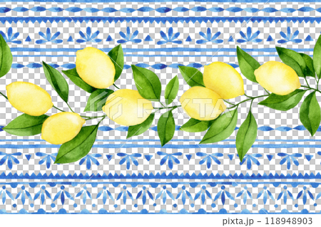 watercolor seamless pattern with blue damask tiles and ripe lemons. watercolor seamless pattern with blue damask tiles and ripe lemons. 118948903