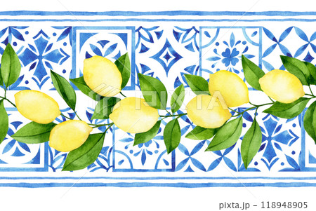 watercolor seamless border with blue damask tiles and ripe lemons. 118948905